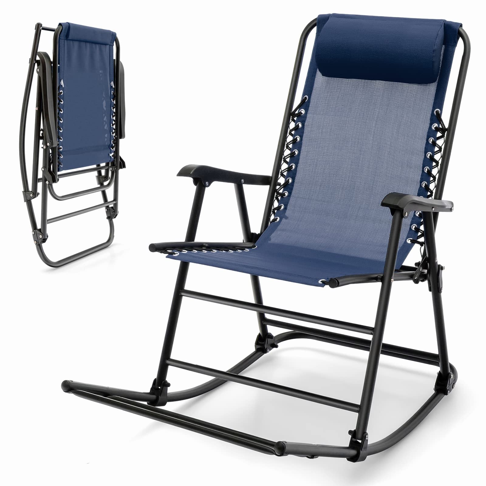 Outdoor Folding Rocking Chair, No Assembly Required, Foldable Rocker Recliner with Headrest